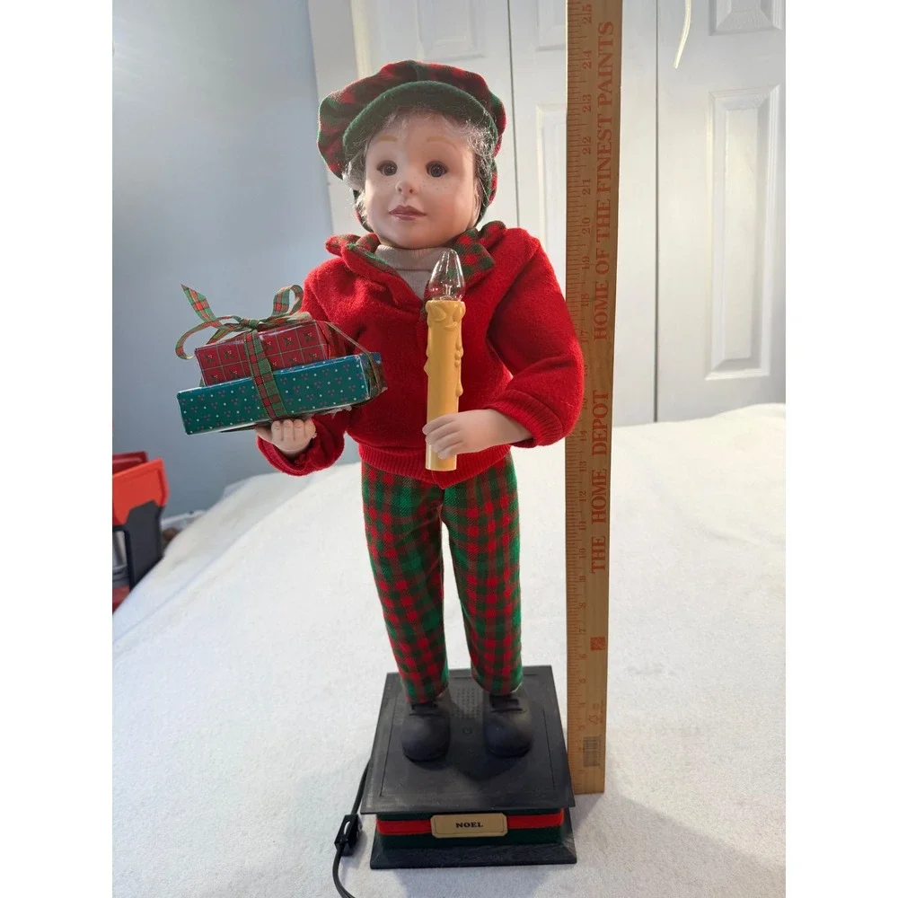 Vintage Noel Animated Christmas Boy Figure Lighted Candle Presents Plaid Outfit
